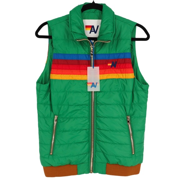 Aviator Nation Women's 5 Stripe Puffer Vest Size S Green Rainbow Non Glossy NWT - Picture 2 of 10
